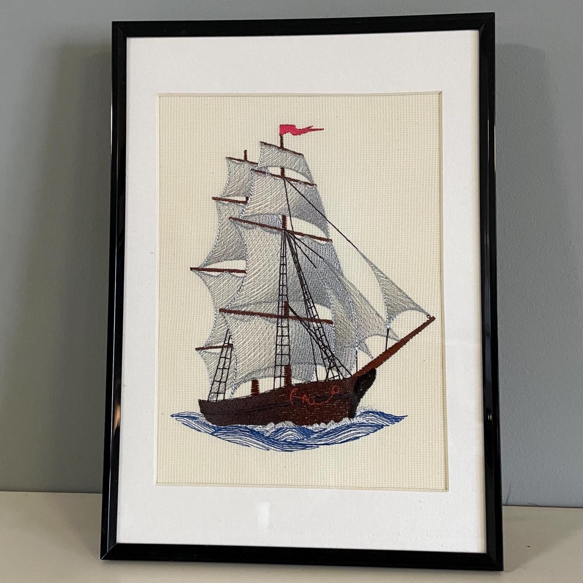 Framed Ship Embroidery Art