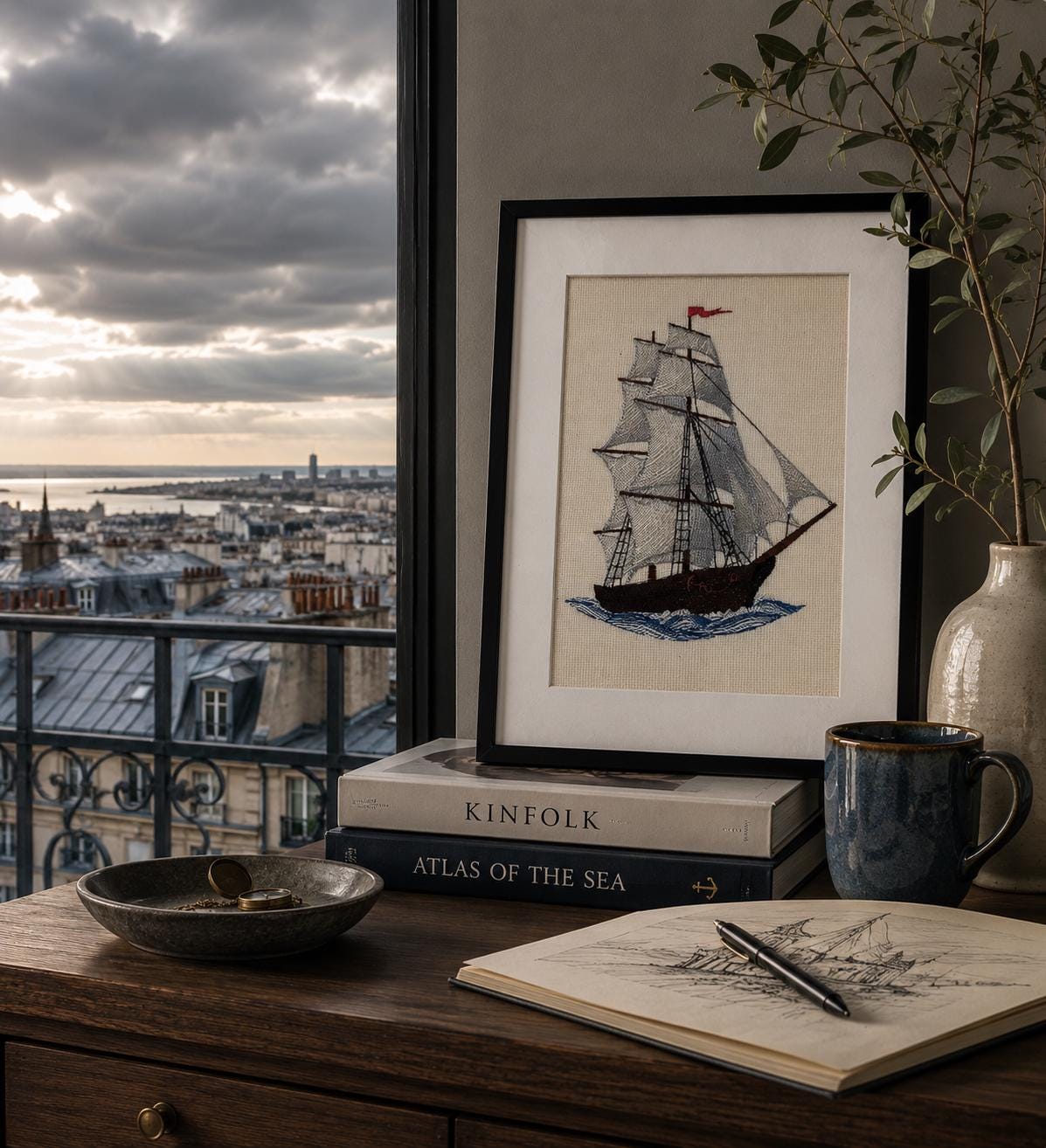 Framed Ship Embroidery Art