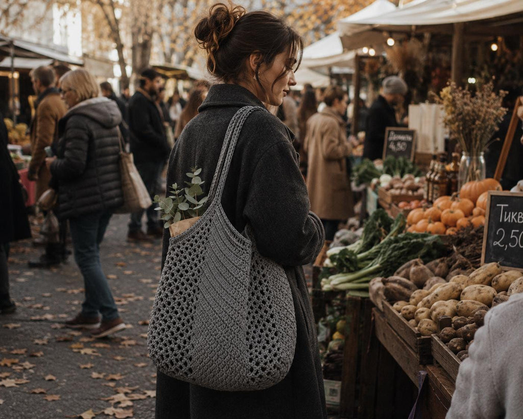 Gray Crochet Tote Bag