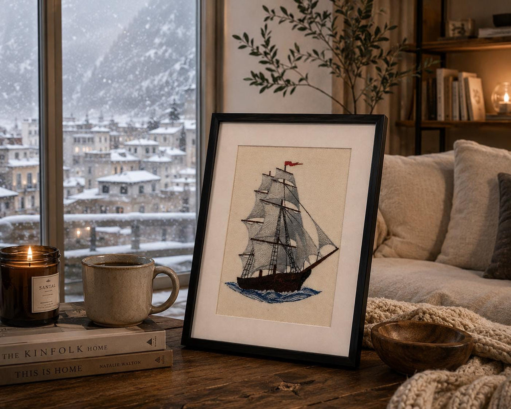 Framed Ship Embroidery Art