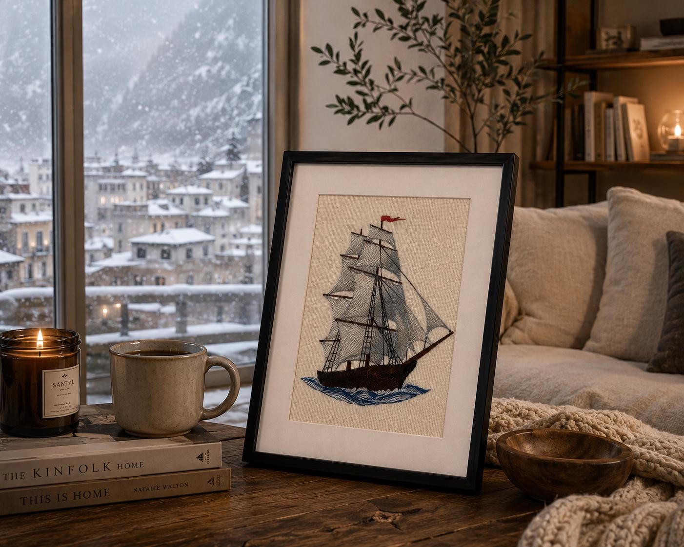 Framed Ship Embroidery Art