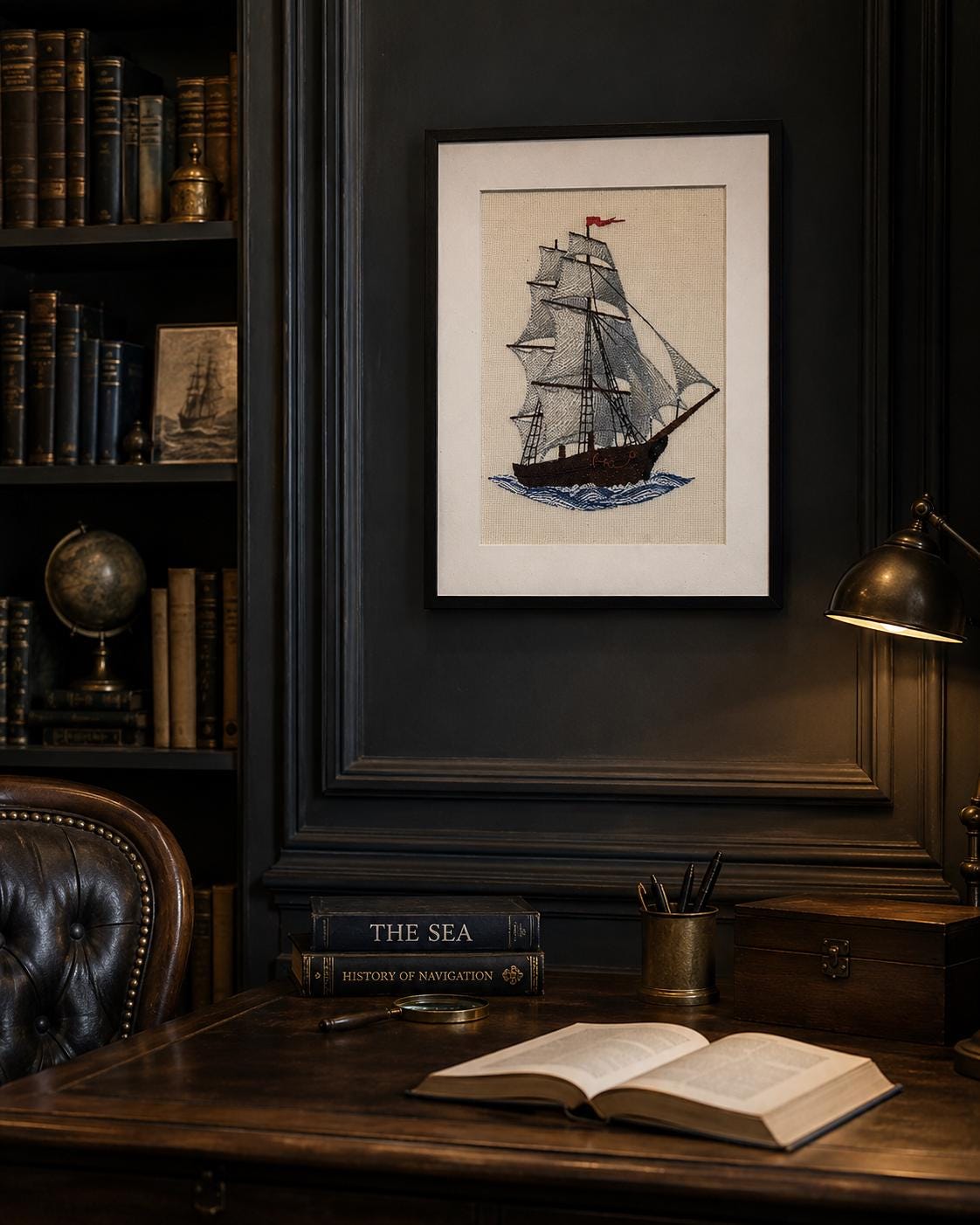Framed Ship Embroidery Art