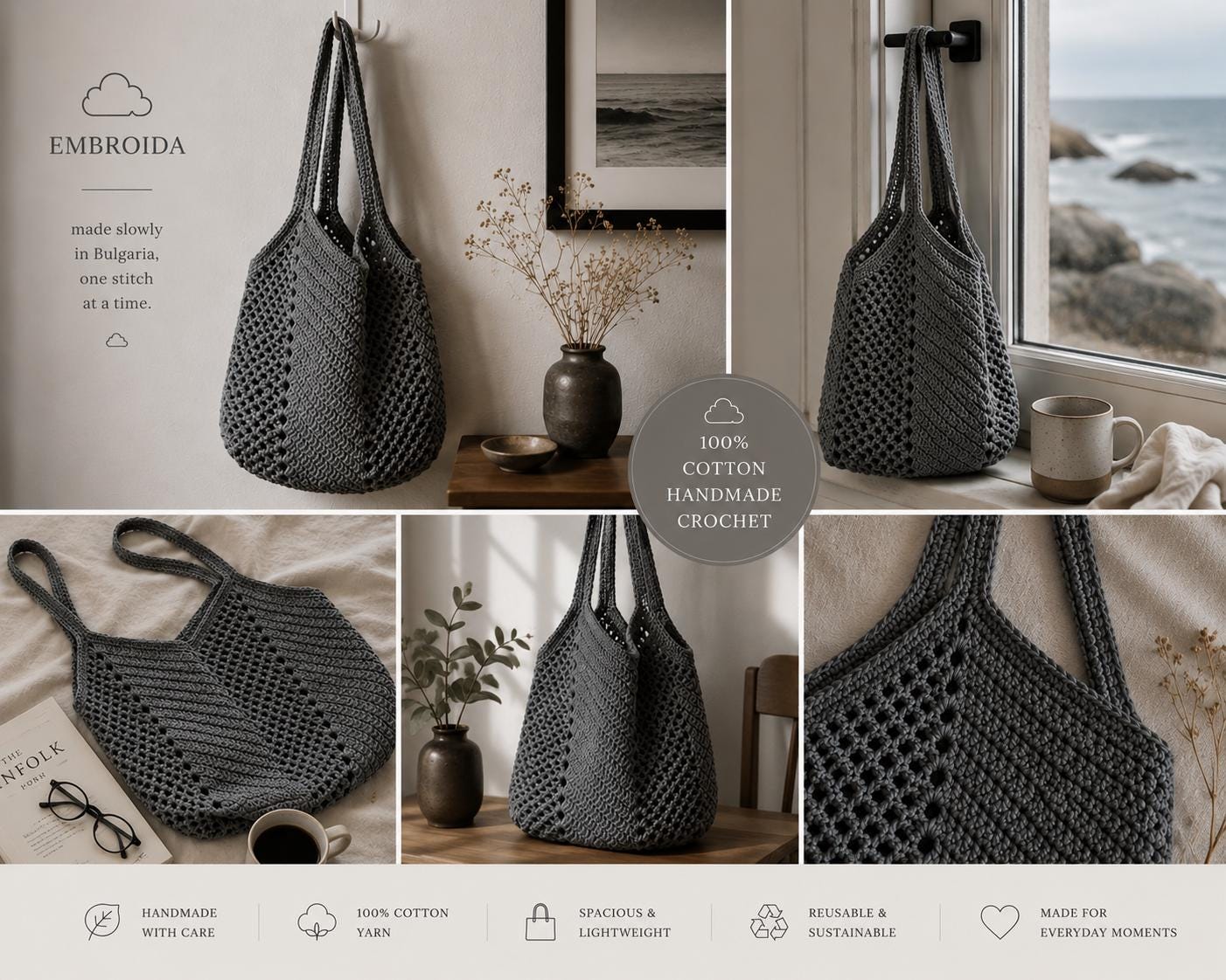 Gray Crochet Tote Bag
