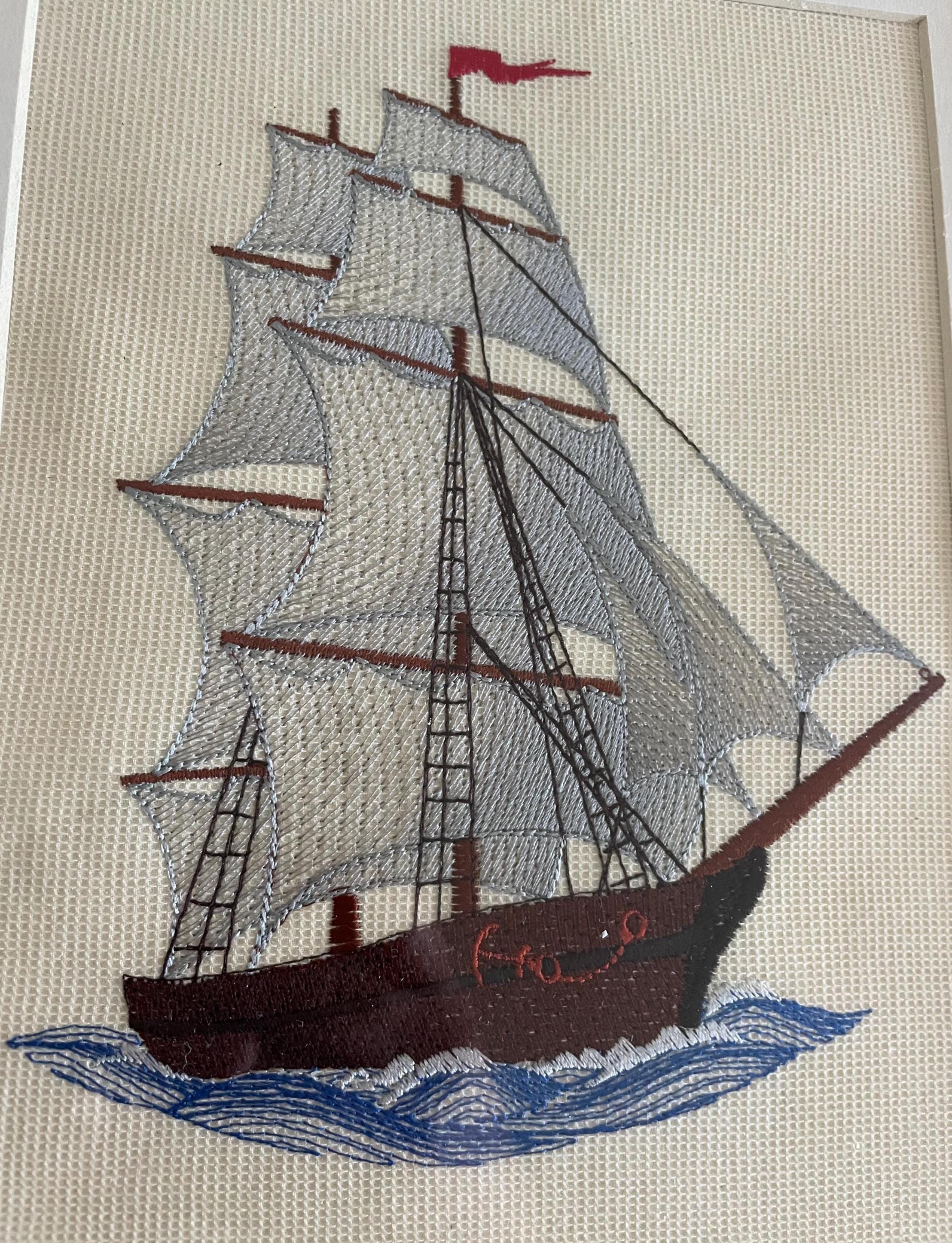Framed Ship Embroidery Art