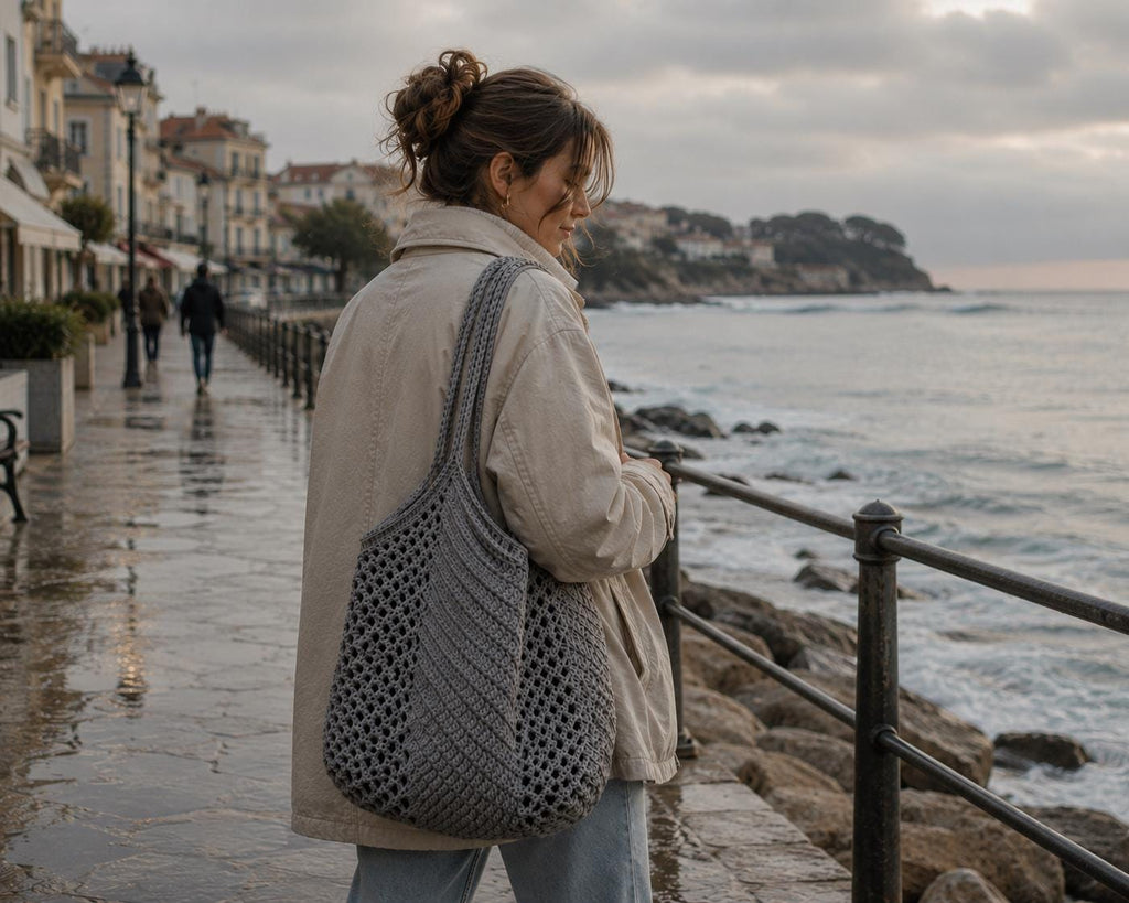 Gray Crochet Tote Bag