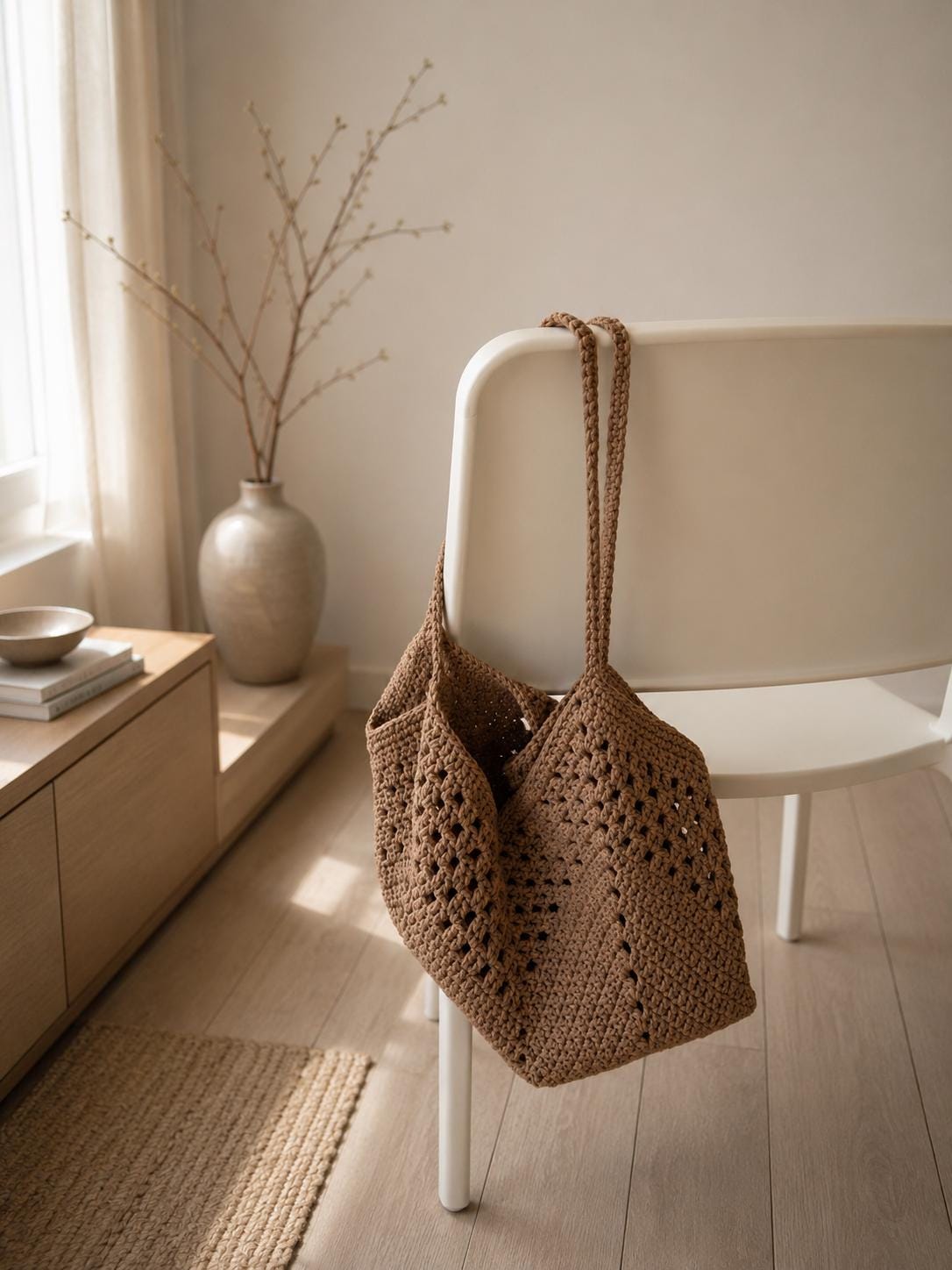 Beige Crochet Tote Bag