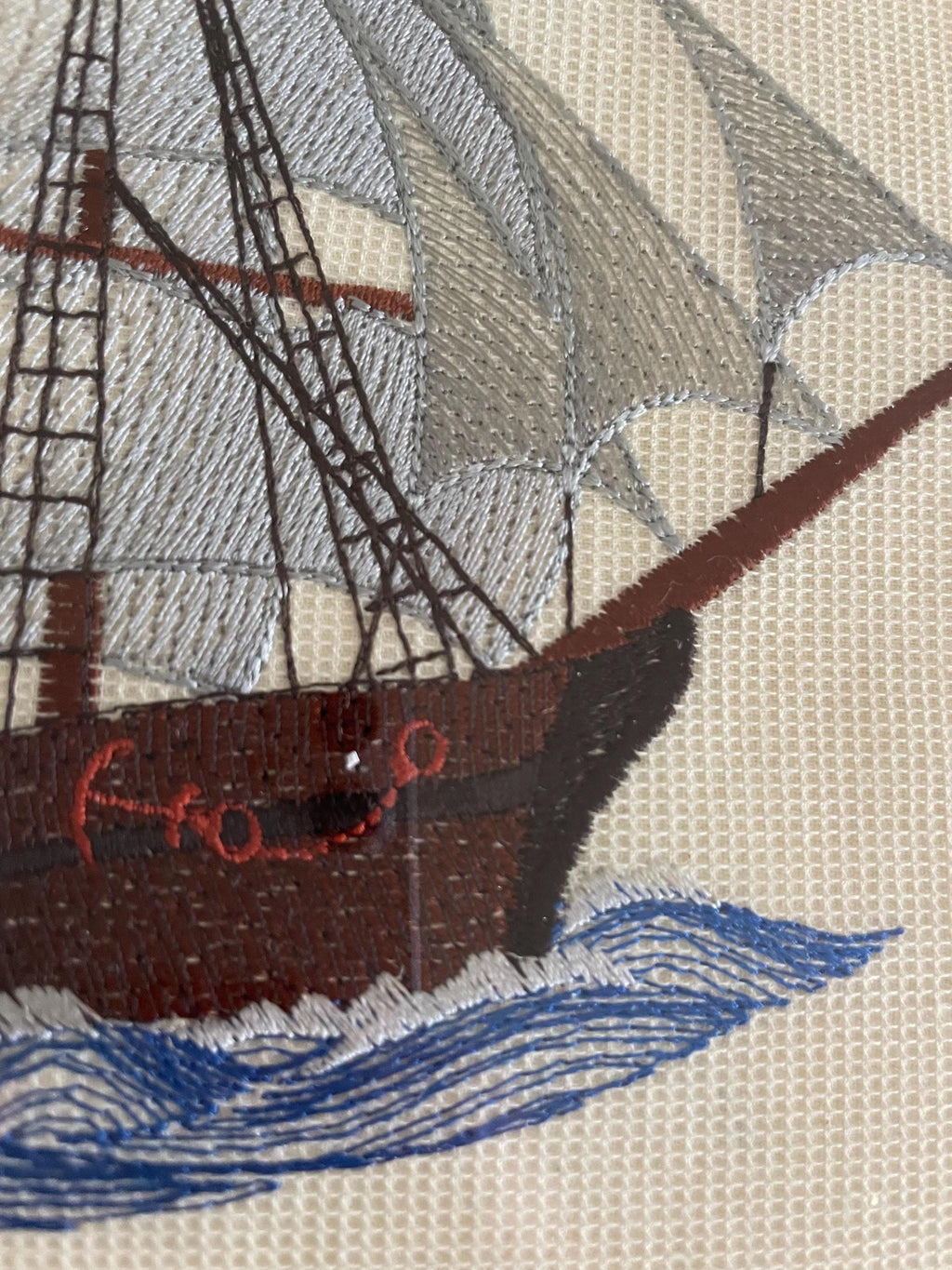 Framed Ship Embroidery Art