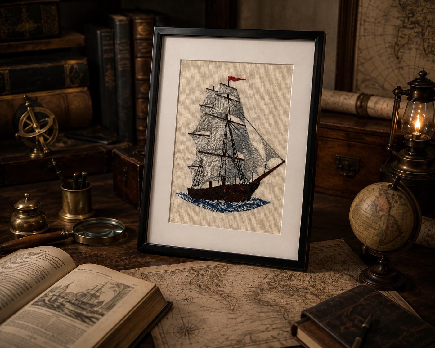 Framed Ship Embroidery Art