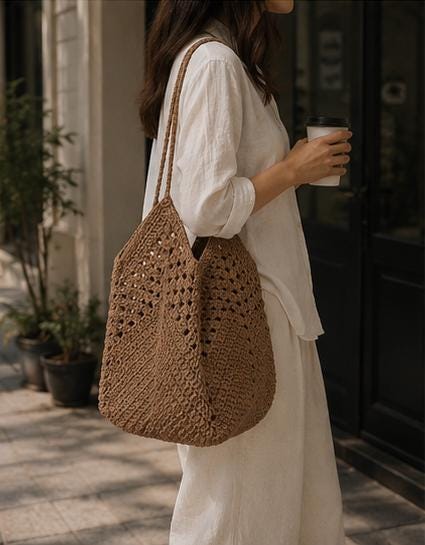 Beige Crochet Tote Bag